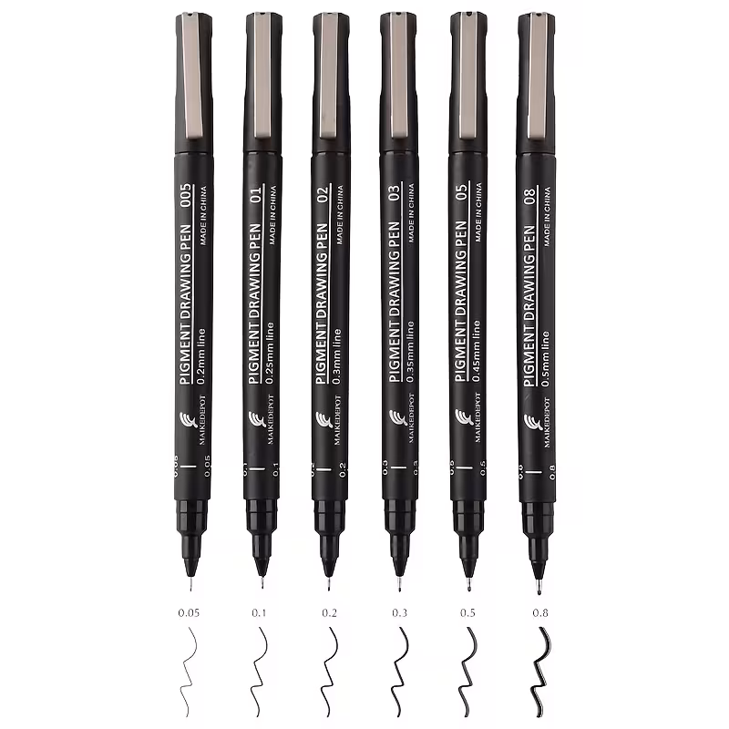 6 erineva suurusega mustad tindimarkerid